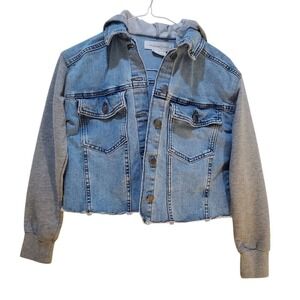 Treasure & Bond Denim Jacket Hoodie Raw Hem Jean Jacket Casual Blue